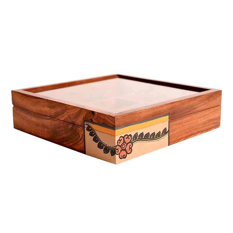 Spice Box Handcrafted Tribal Art 9 Slot Wooden with Spoon (8x8x2") - Dining & Kitchen - 5