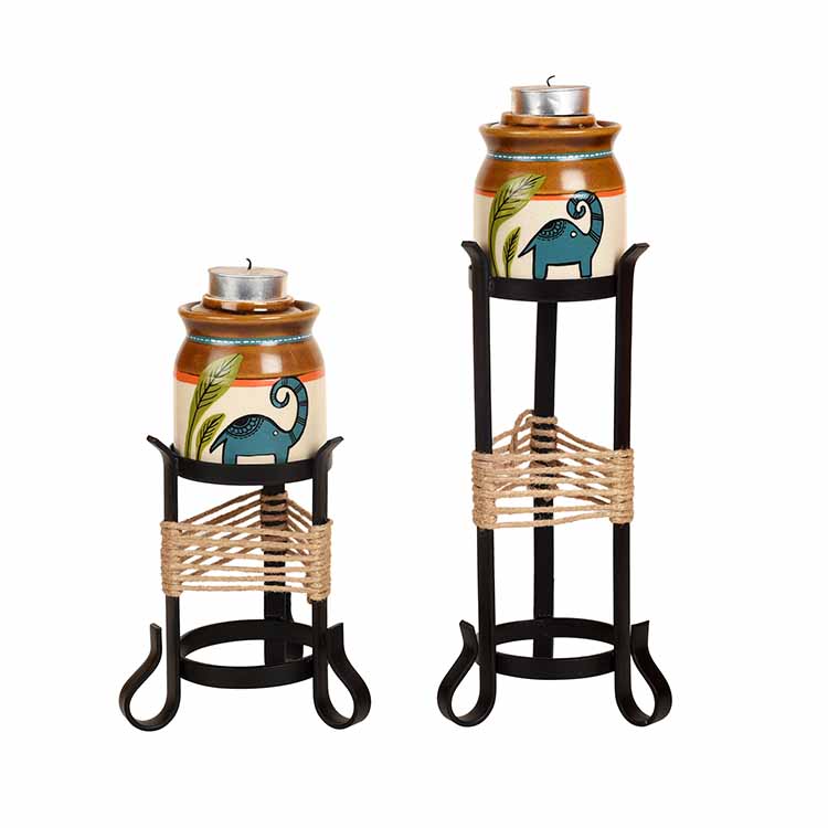 Happy Elephant Candle Pots with Metal Stand - Set of 2 - Decor & Living - 2