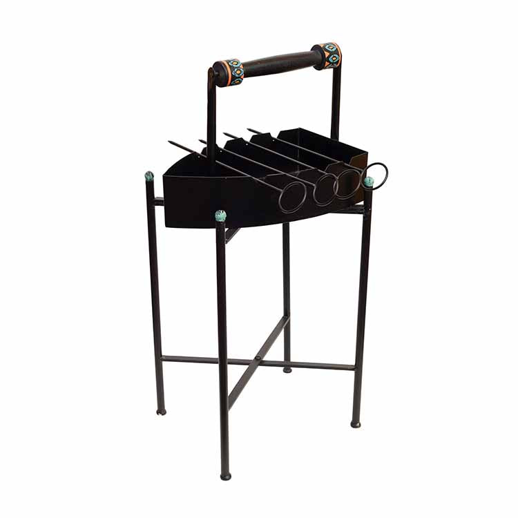 Stylish Steam Iron Bar-B-Que with Skewers on Cross Folding Metal Stand (12x12x24") - Dining & Kitchen - 2