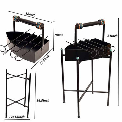 Stylish Steam Iron Bar-B-Que with Skewers on Cross Folding Metal Stand (12x12x24") - Dining & Kitchen - 4