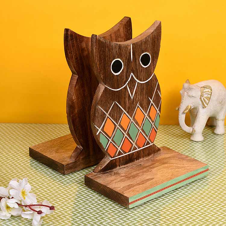 Bookend Handcrafted Wooden Owl - Set of 2 (6.5x4x9.2") - Storage & Utilities - 2