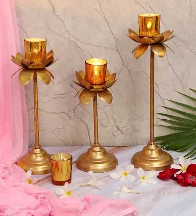 Three Layer Lotus With 4 Gold Glass Votive - Tealight Holder