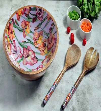 Purple Gladiolus Harmony Print Wooden Salad Bowl with Servers - Dining & Kitchen - 2