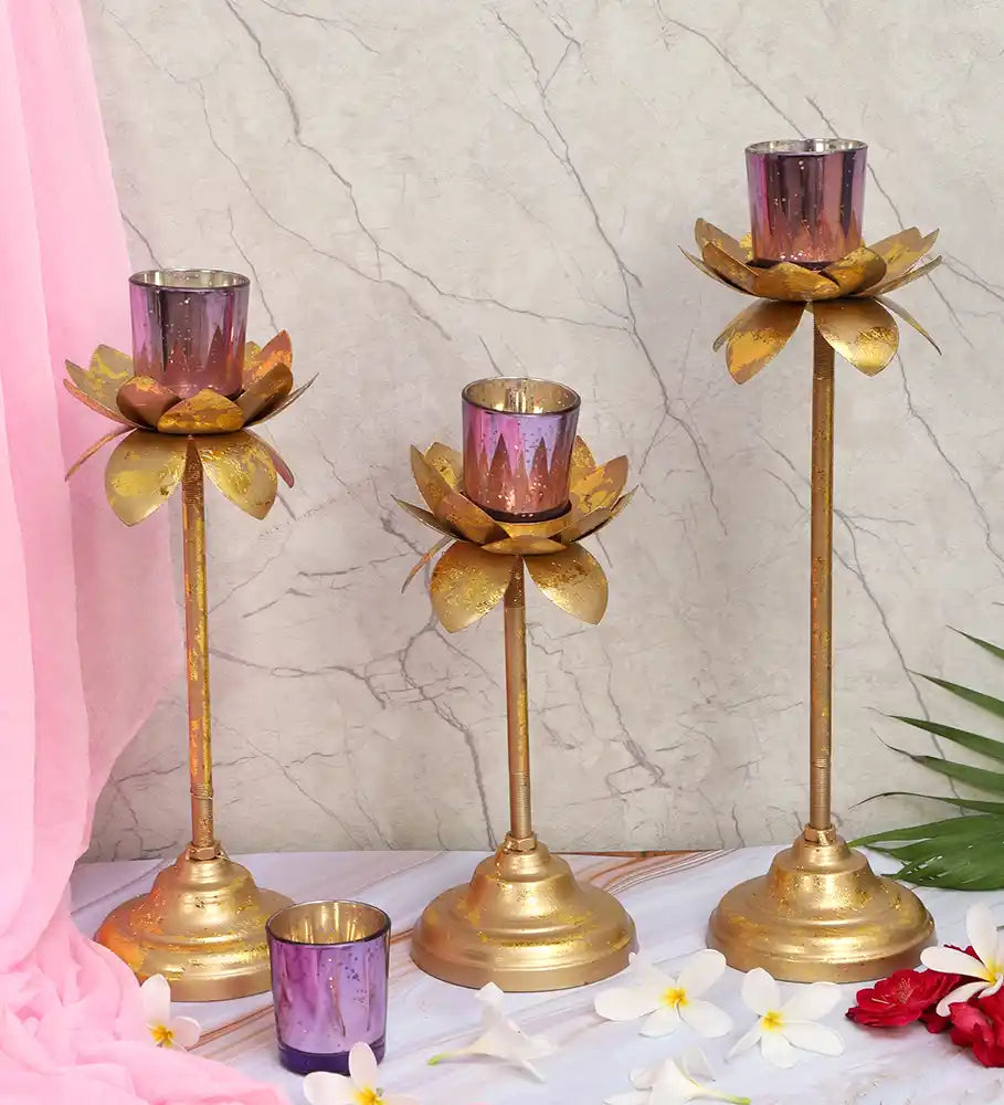 Three Layer Lotus With 4 Purple Glass Votive