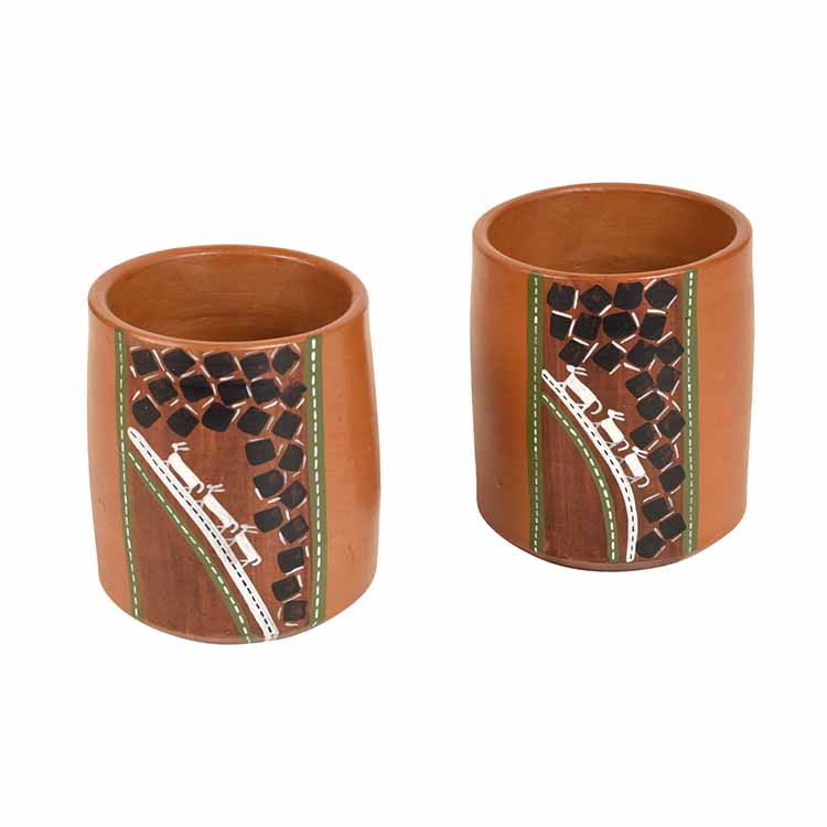 Knosh-1 Earthen Cups with Tribal Motifs (4.5x3x3.6") - Dining & Kitchen - 2