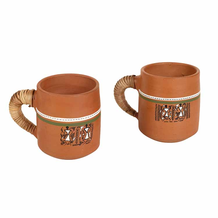 Knosh-2 Earthen Cups with Caned Handle - Set of 2 (4.5x3x3.6") - Dining & Kitchen - 5