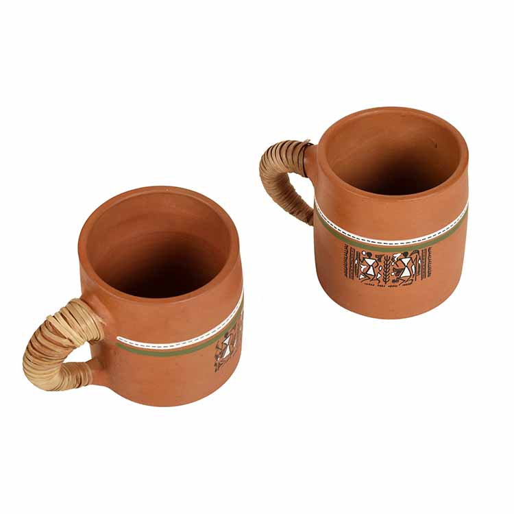 Knosh-2 Earthen Cups with Caned Handle - Set of 2 (4.5x3x3.6") - Dining & Kitchen - 2