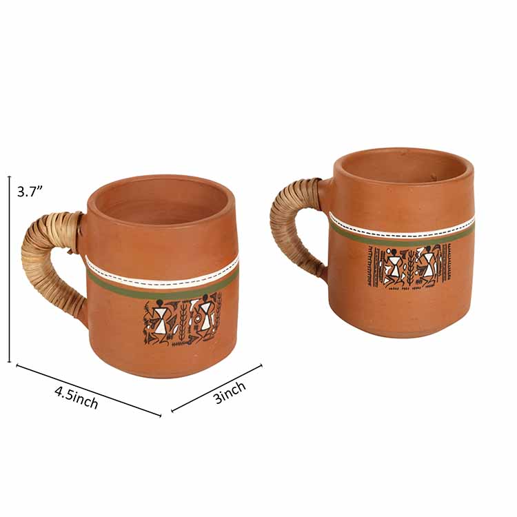 Knosh-2 Earthen Cups with Caned Handle - Set of 2 (4.5x3x3.6") - Dining & Kitchen - 4