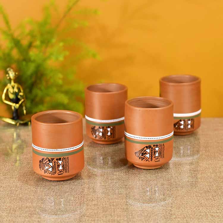 Knosh-C Earthen Mugs with Tribal Motifs - Set of 4 - Dining & Kitchen - 2