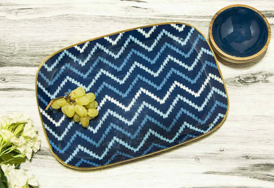 Blue Ikkat Rectangular Platter with Wooden Bowl - Dining & Kitchen - 1