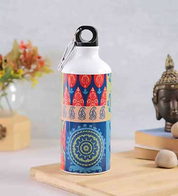 Coral Blue Foral Printed Aluminium Sipper Water Bottle 600 ml