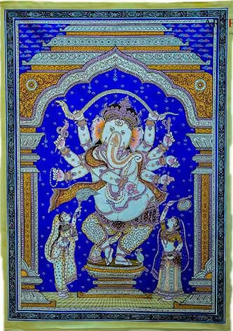 Pattachitra Painting of Ganesh on Blue Tussar - Wall Decor - 1