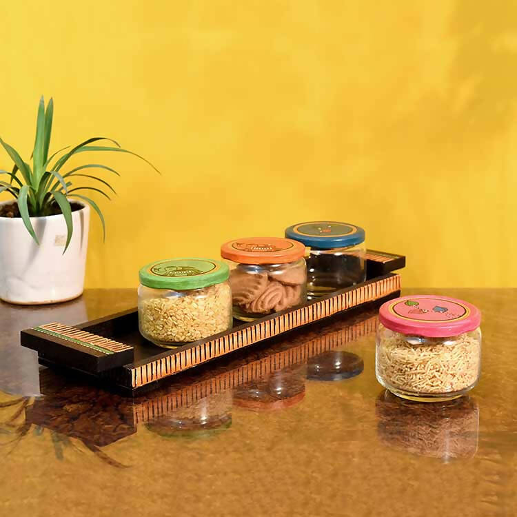 Tray & 4 Glass Jaar Madhubani Brown - Set of 5 - Dining & Kitchen - 1