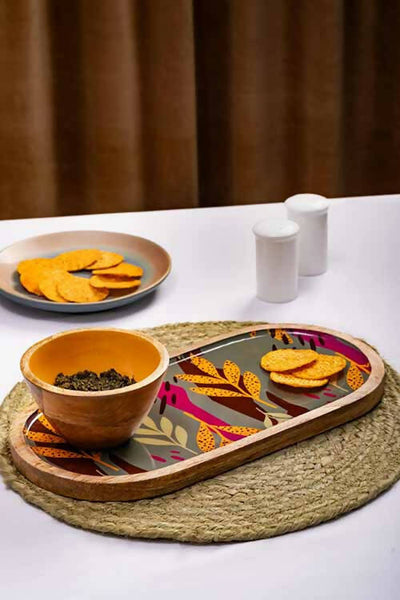 Wooden Platter - Forest Leaves Grey with Bowl