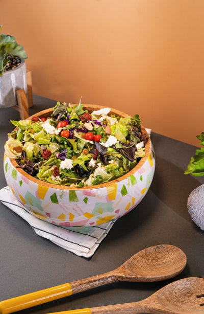 Salad Bowl + Server Set Wooden Confetti White - Dining & Kitchen - 1