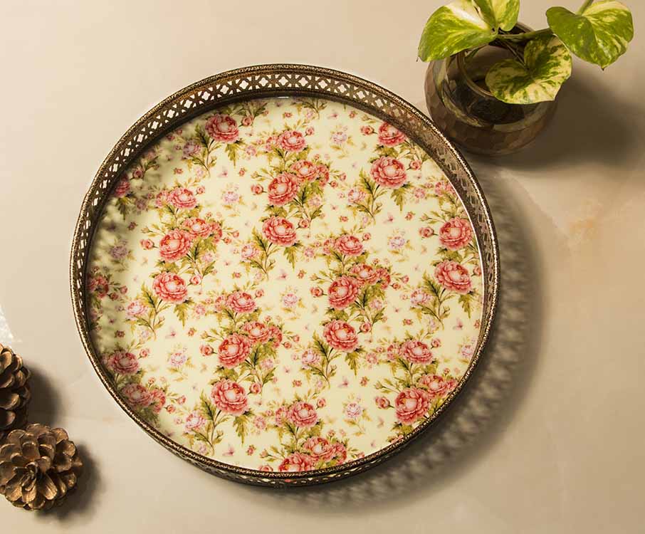 Vintage Red & Off White Floral Print Round Tray (Small) - Dining & Kitchen - 2