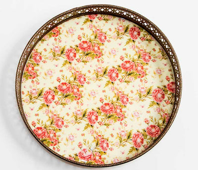 Vintage Red & Off White Floral Print Round Tray (Small) - Dining & Kitchen - 5