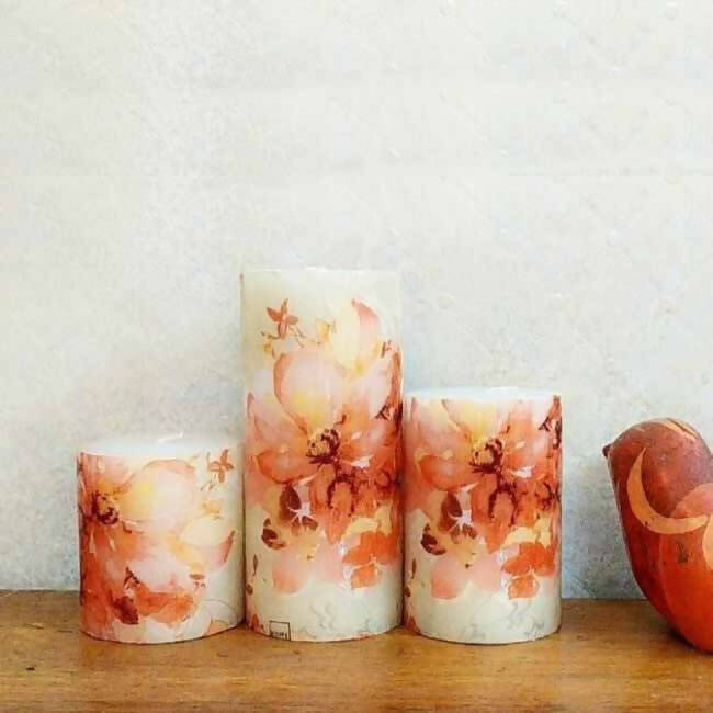 A Set of 3 Orange Floral Designer Scented Pillar Candles - Accessories - 1