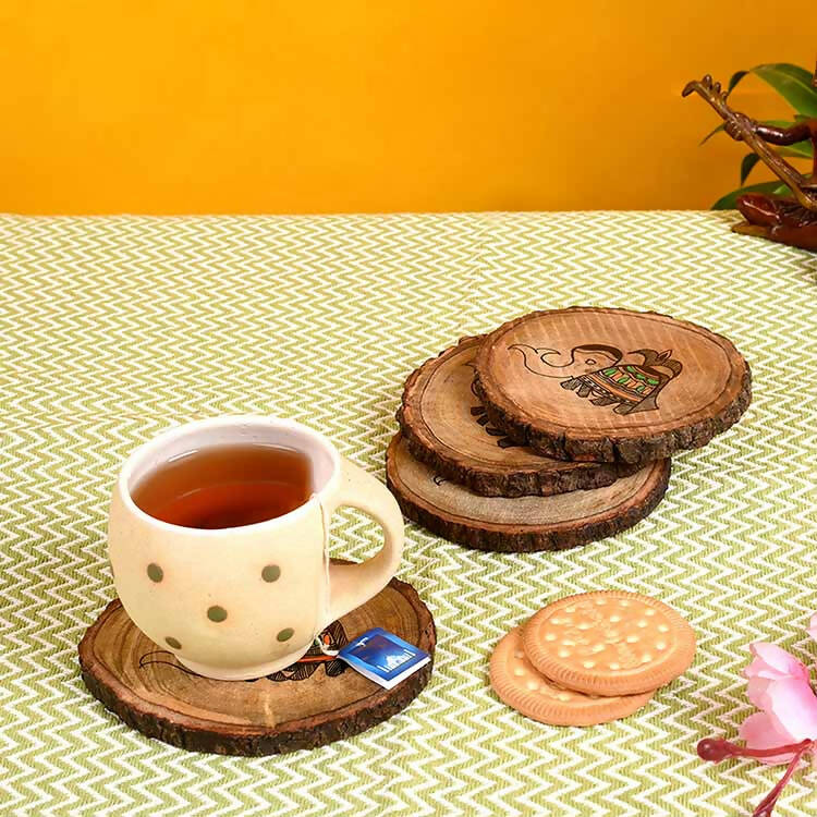 Coaster Round Wooden Handcrafted with Tribal Art - Set of 4 (4x4") - Dining & Kitchen - 1