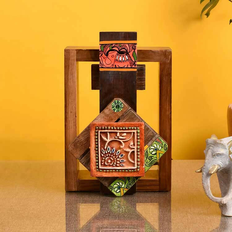 Wall Lamp Handcrafted in Wood with Tribal Motifs (6x4x9") - Decor & Living - 1
