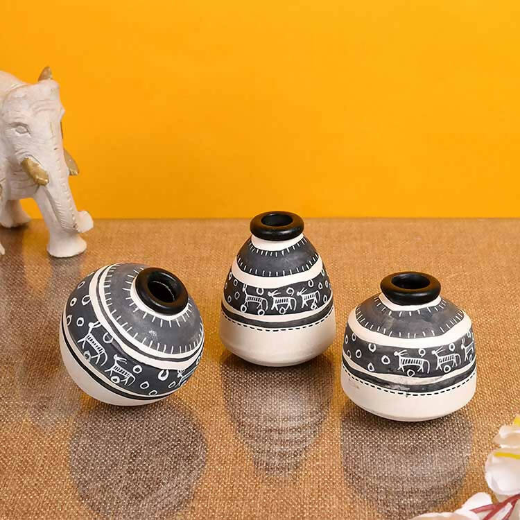 Vase Earthen Miniatures White Warli - Set of 3 - Decor & Living - 1