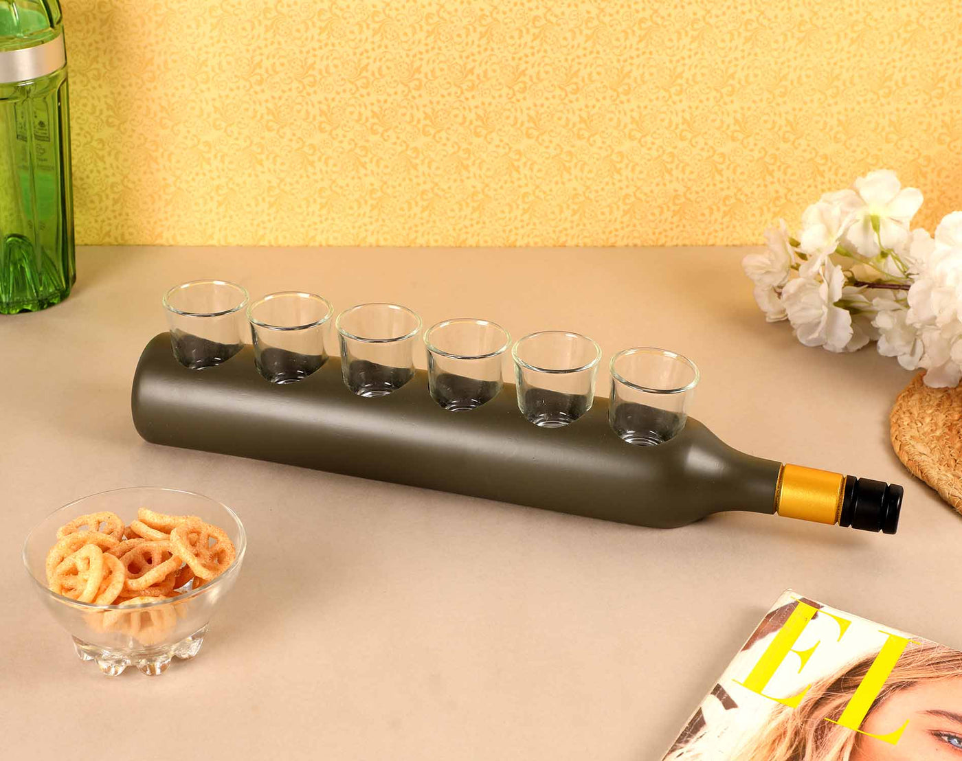 Ek Do Dhai Vine Bottle Stand with Shot Glass Set of 6 - Dining & Kitchen - 2