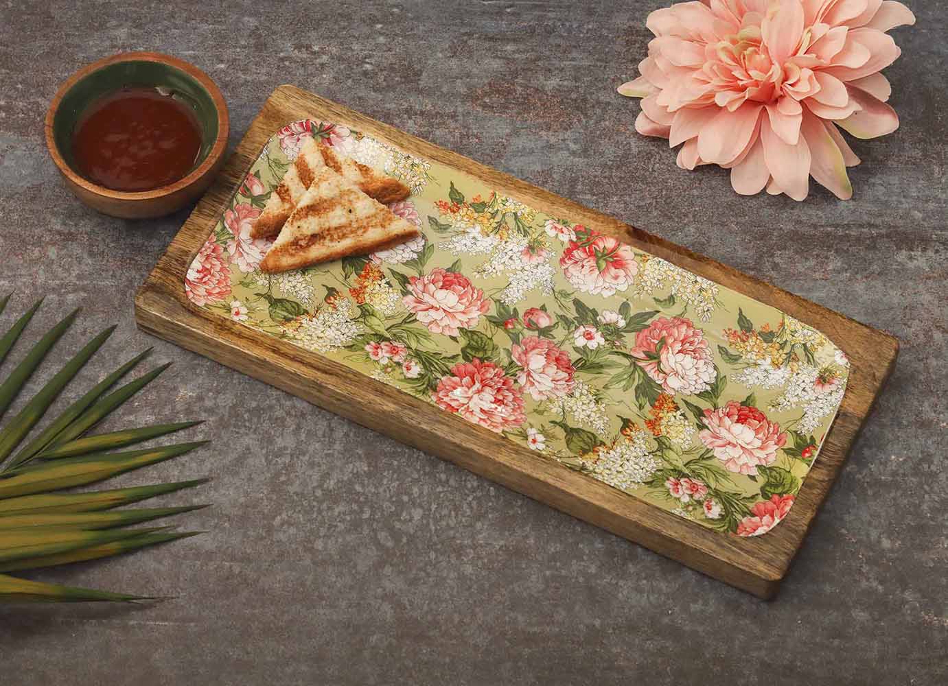 Floral Green Wooden Platter with Wooden Dip Bowl - Dining & Kitchen - 2