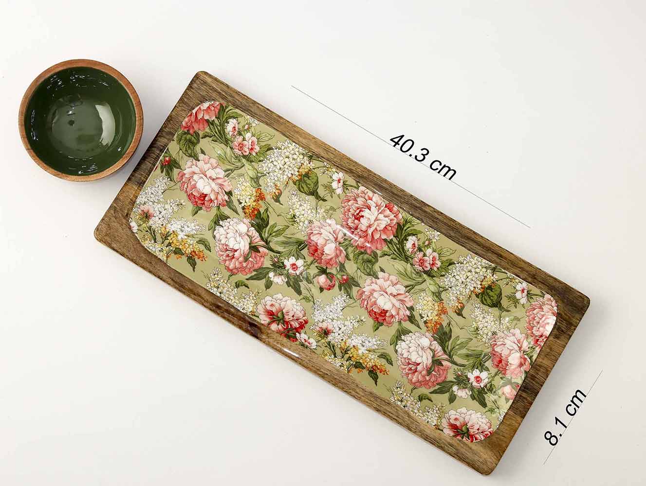 Floral Green Wooden Platter with Wooden Dip Bowl - Dining & Kitchen - 3