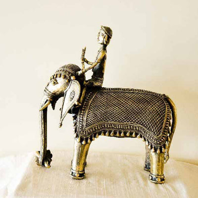 Dokra Statue Elephant With Mahout DS-007 - Decor & Living - 3