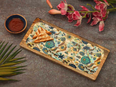 Floral Blue Wooden Platter with Wooden Dip Bowl - Dining & Kitchen - 2