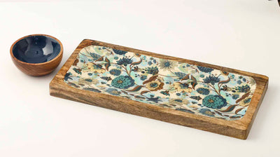 Floral Blue Wooden Platter with Wooden Dip Bowl - Dining & Kitchen - 4