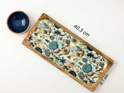 Floral Blue Wooden Platter with Wooden Dip Bowl - Dining & Kitchen - 3