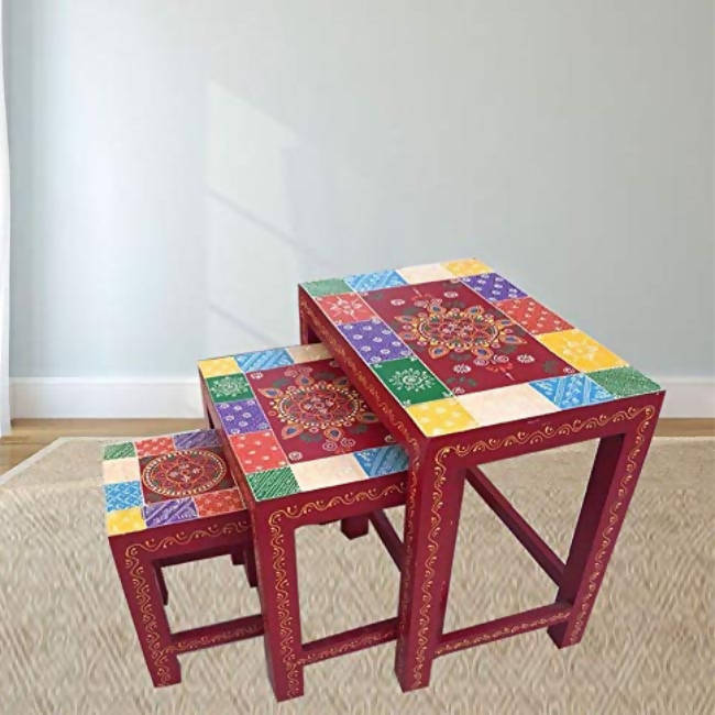 Rajasthani Print Wooden Crafted Nesting Table - Home Utilities - 1
