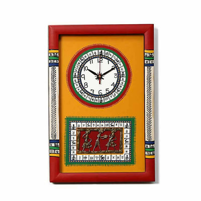Wall Clock Handcrafted Warli/Dhokra Art Yellow Dial with Glass Frame (10x15") - Wall Decor - 1