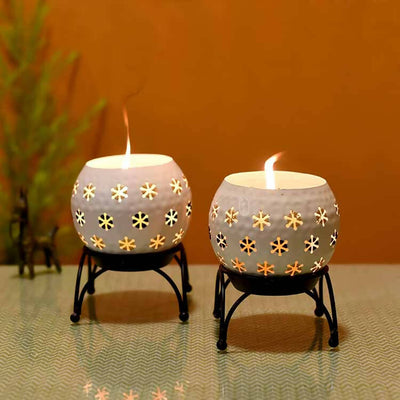 White Polka Tealights with Metal Stands - Set of 2 - Decor & Living - 1