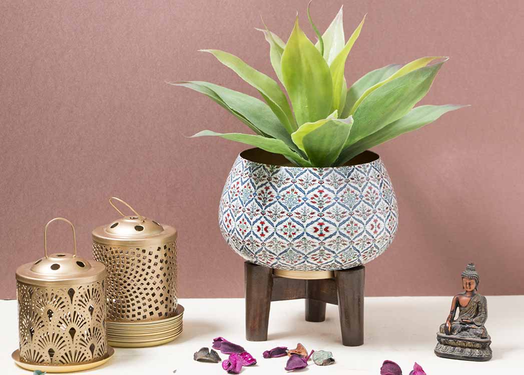 Red Anatolian Decorative Tulip Print Planter with Wooden Stand - Decor & Living - 2