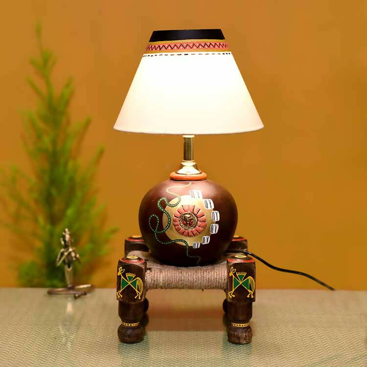 Table Lamp Earthen in Brown Color on Jute Wooden Manji Handcrafted with White Shade (8x8x17") - Decor & Living - 1