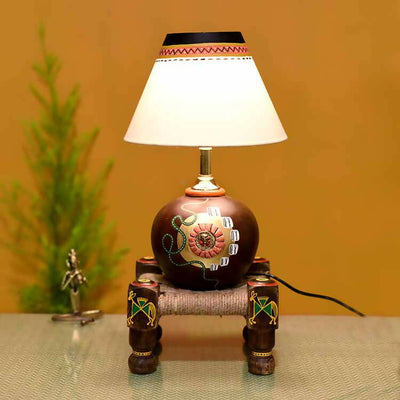 Table Lamp Earthen in Brown Color on Jute Wooden Manji Handcrafted with White Shade (8x8x17") - Decor & Living - 1