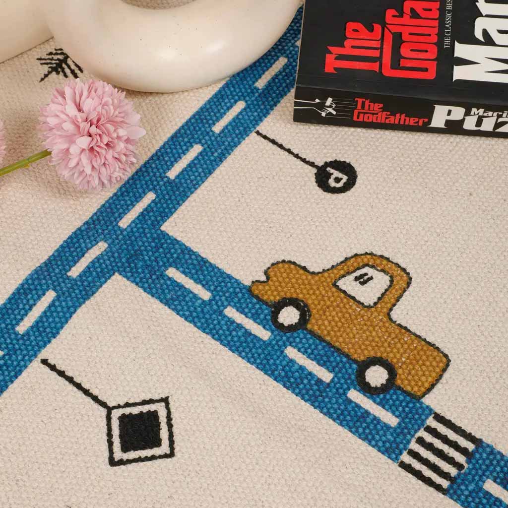 Cotton Printed Baby, Kids Mat, Cars, Traffic, Blue Road - Decor & Living - 3