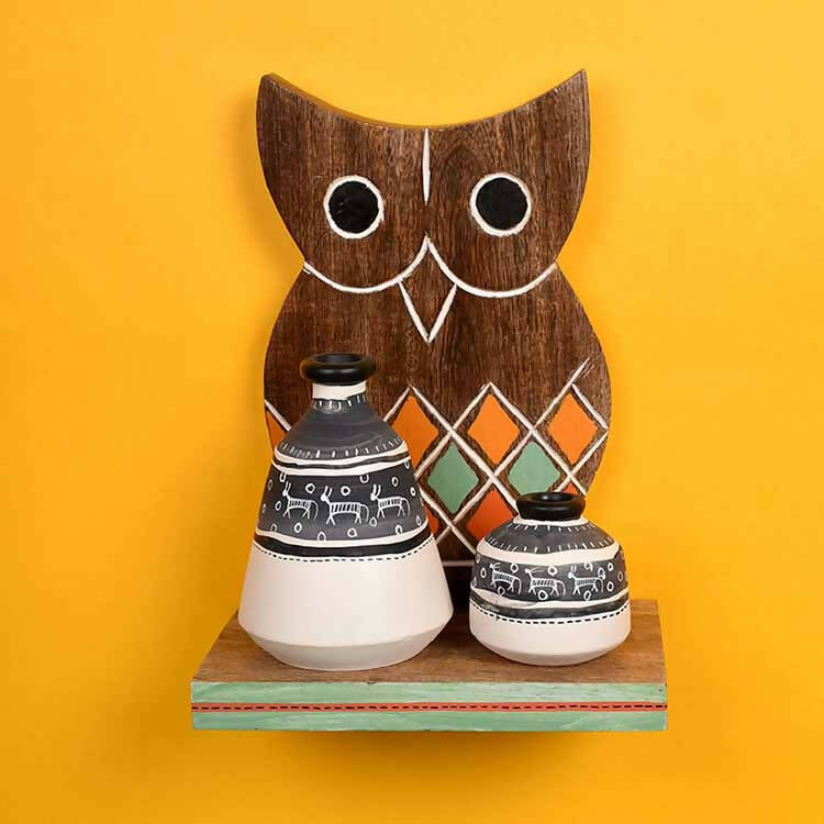 Wall Decor Owl Shelf with 2 Pots Handcrafted in Wood (6.5x4x9.2") - Wall Decor - 1