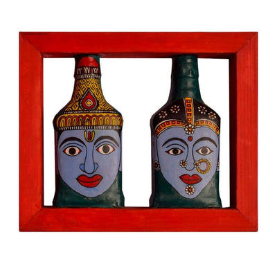 Red Rectangle Handpainted Flip Flop Vintage Glass Bottle Wooden Frame with Cheriyal Art - Decor & Living - 2