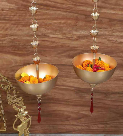 Hanging Gold Bowl Urli With Beads Set of 2
