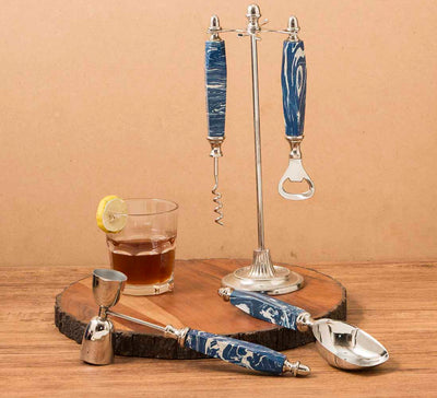 Stainless Steel with Stone Blue Stone Bar Tools (Set of 4 with Stand) - Dining & Kitchen - 2
