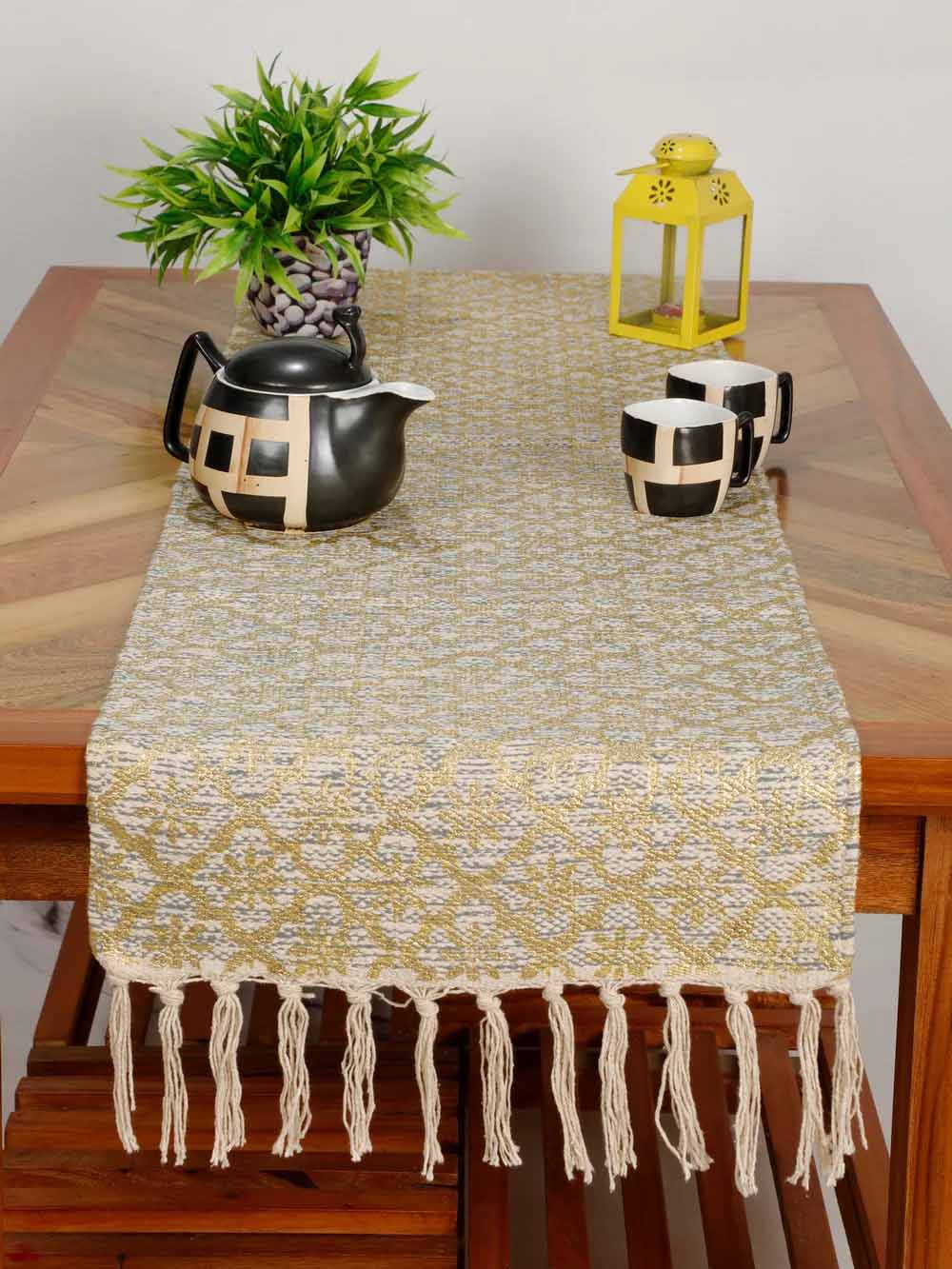 Cotton Foil Printed Table Runner with Tassels - Dining & Kitchen - 2
