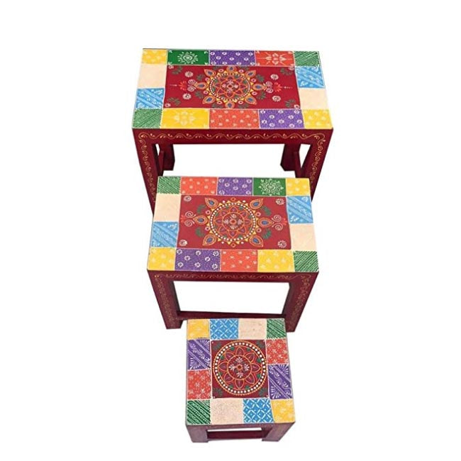 Rajasthani Print Wooden Crafted Nesting Table - Home Utilities - 5