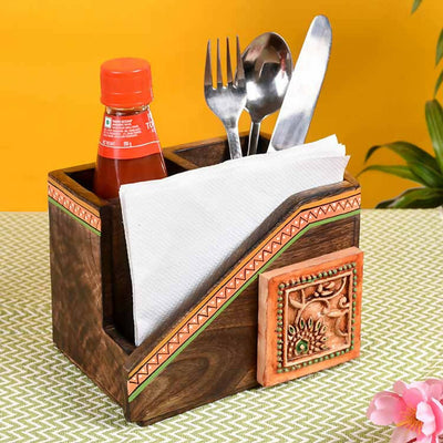 Cutlery Holder Handcrafted in Wood with Ceramic Tile (7.2x5x4.7") - Dining & Kitchen - 1