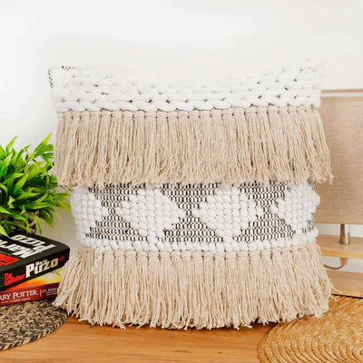 Dhurrie Cushion Cover Knotted, Fringes, Diamonds - Decor & Living - 1