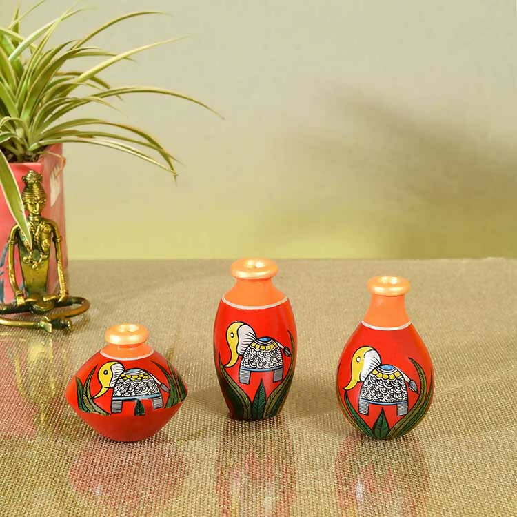 Joyful Elephants Terracotta Vase - Set of 3 (Red) - Decor & Living - 1