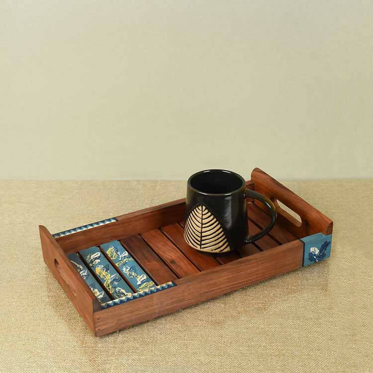 Tray Handpainted with Leaves Motifs Handcrafted in Sheesham Wood (13x7.2") - Dining & Kitchen - 1