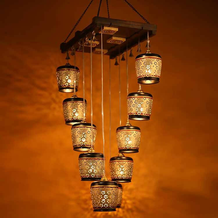 Moon-10A Chandelier with Metal Hanging Lamps in Simmering Gold (10 Shades) - Decor & Living - 1